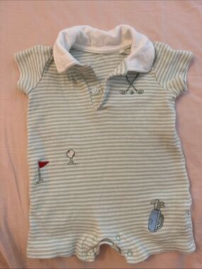 Baby Polo golf Romper - Light Green Stripes and embroided gold print 3-6 months